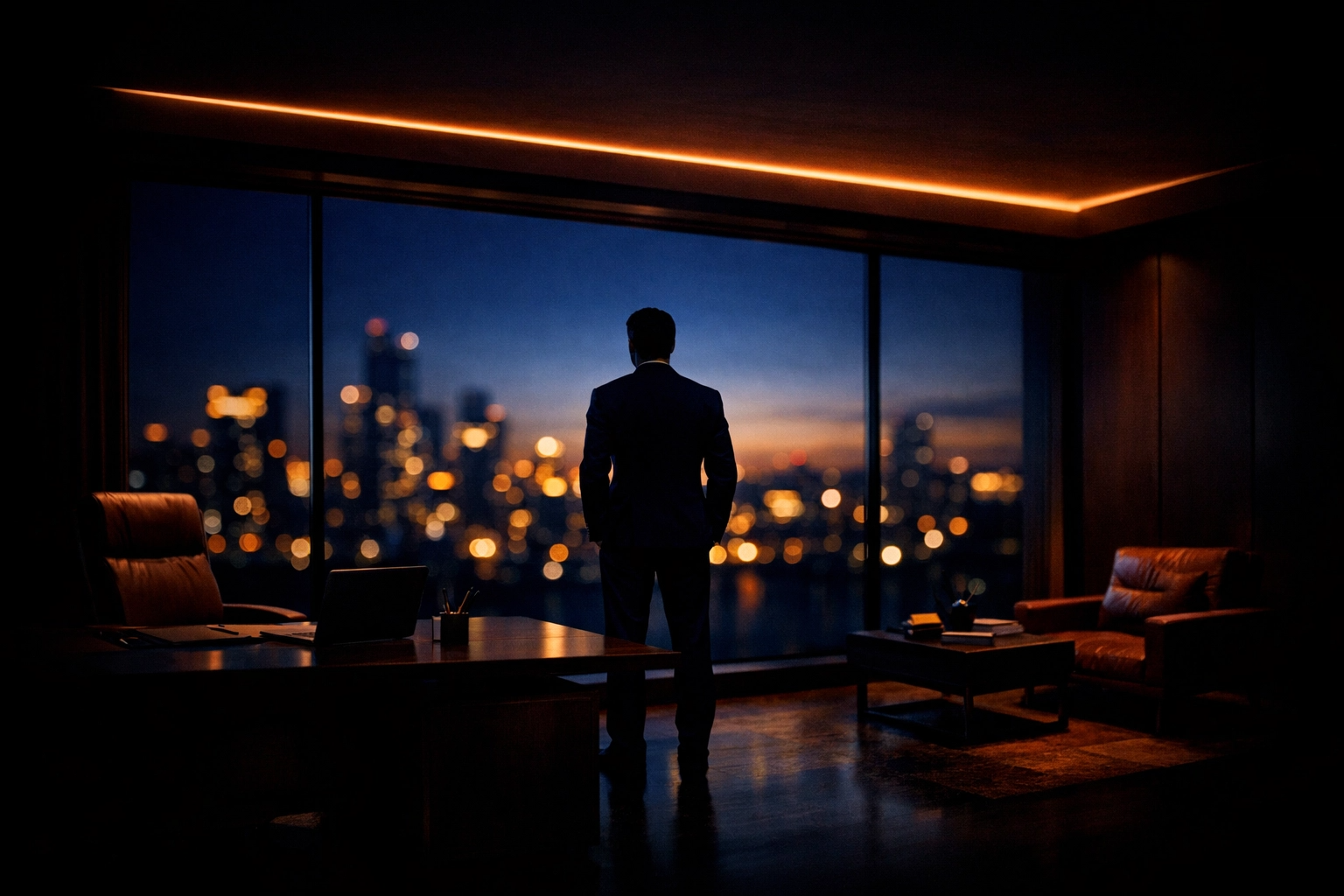 Executive silhouette overlooking city skyline at dusk